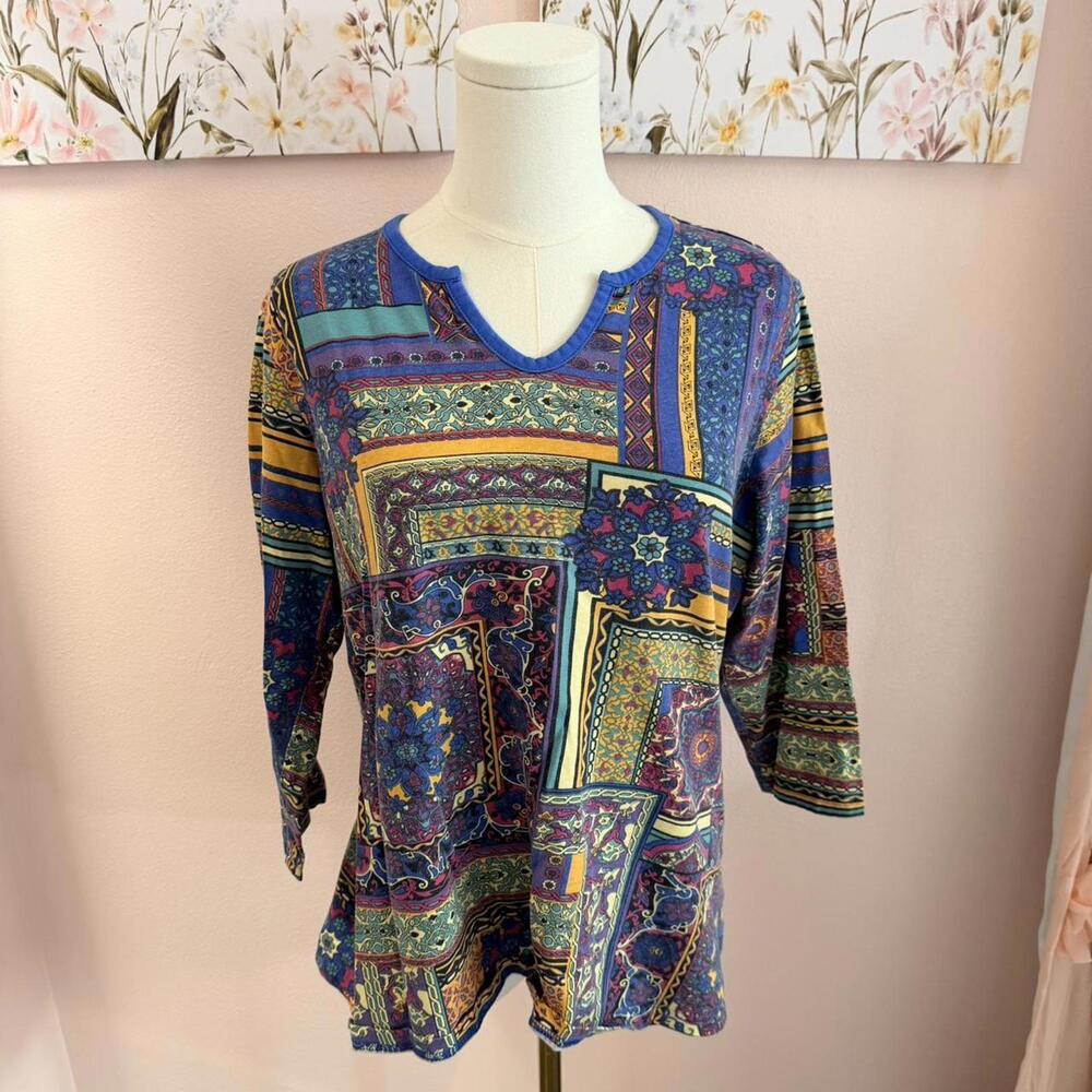 Vintage Patchwork Print Top | Boho Artsy Mixed Pattern Blouse | M